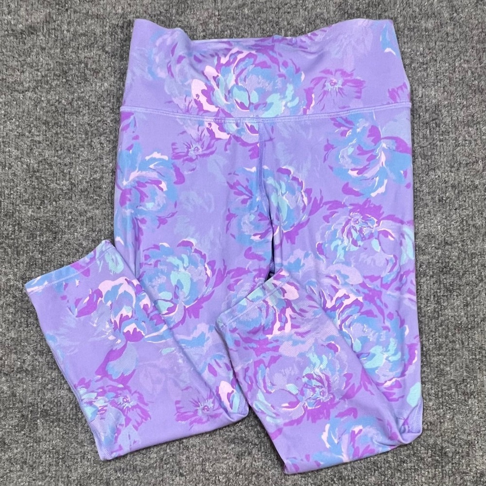 All In Motion Leggings Kids L 10/12 Purple Floral Cropped Active Pants